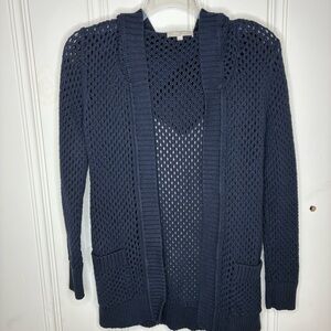 Navy Blue Crochet 100% Cotton Cardigan Mesh Knit Size S Pockets Ribbed Trim Hood